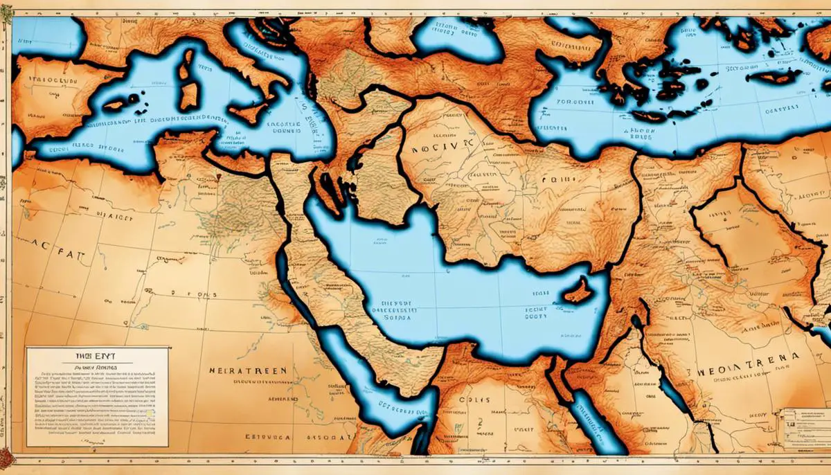 Map showing the geographical location of Ancient Egypt, with the Mediterranean Sea to the north and the Red Sea to the east.