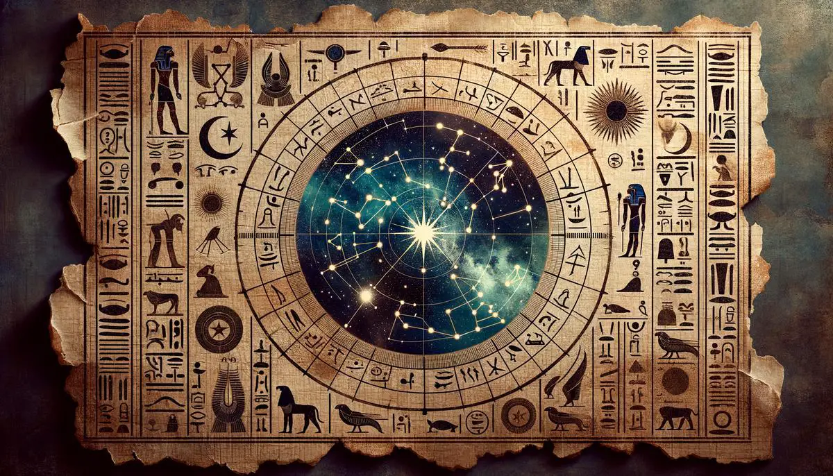 An ancient Egyptian star chart featuring Sirius prominently, with hieroglyphics and celestial symbols