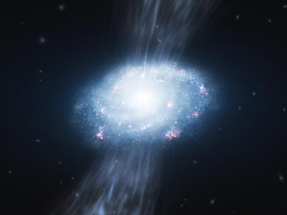 A computer-generated image of an ancient galaxy from the early universe, with unusual size and complexity