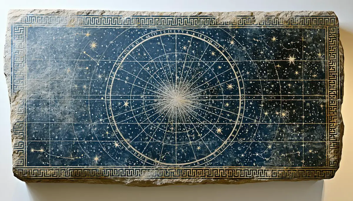 An ancient Greek star map etched on stone, showing constellations and celestial coordinates