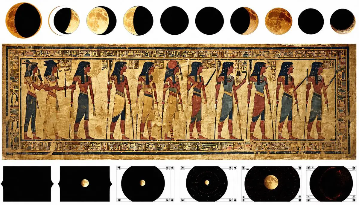 A collage of ancient artworks depicting lunar eclipses from various cultures, including Mesopotamian, Chinese, and Native American representations