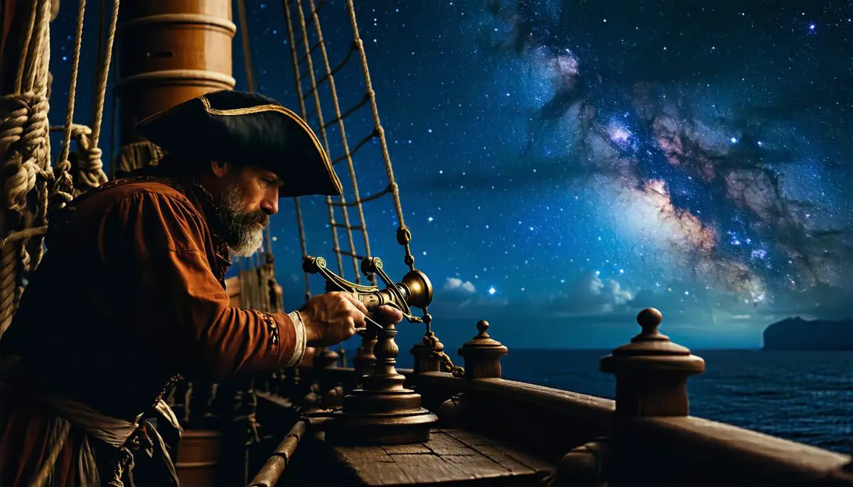 An ancient mariner using a sextant to navigate by the stars on a ship at night