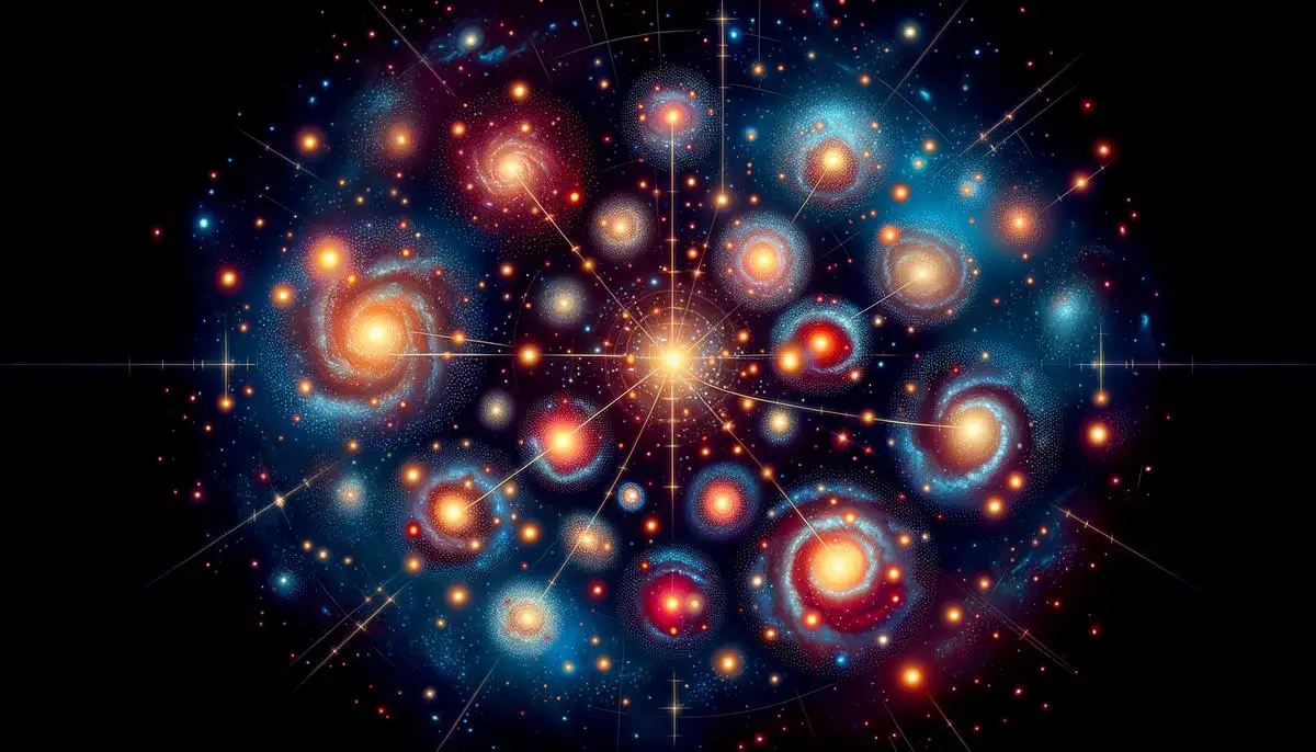 A vivid illustration depicting the observations of galaxy clusters shining with varying brightness in different directions, suggesting an anisotropic or directionally-dependent expansion of the universe.