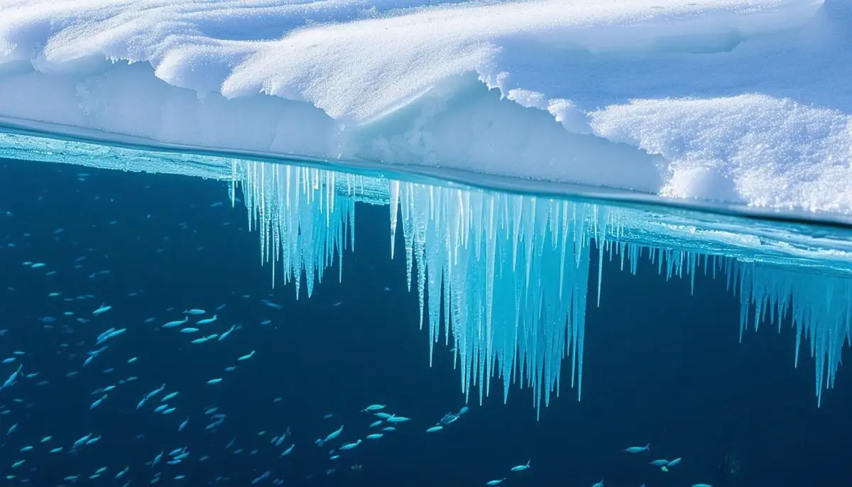 Underwater view of an Antarctic ice shelf with ice crystals forming beneath, simulating conditions on Europa