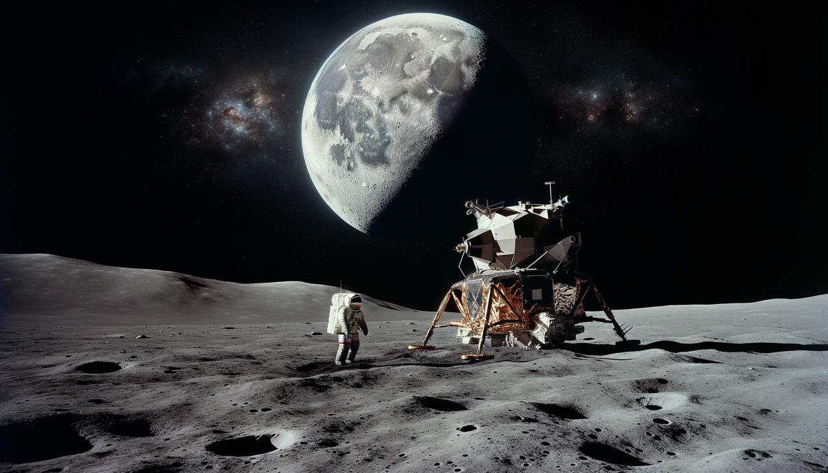 Apollo 11 lunar module Eagle on the surface of the Moon with an astronaut nearby