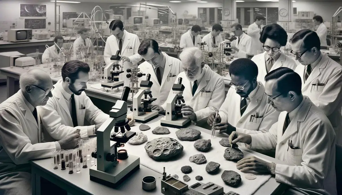 Scientists examining Apollo mission lunar rock samples in a laboratory