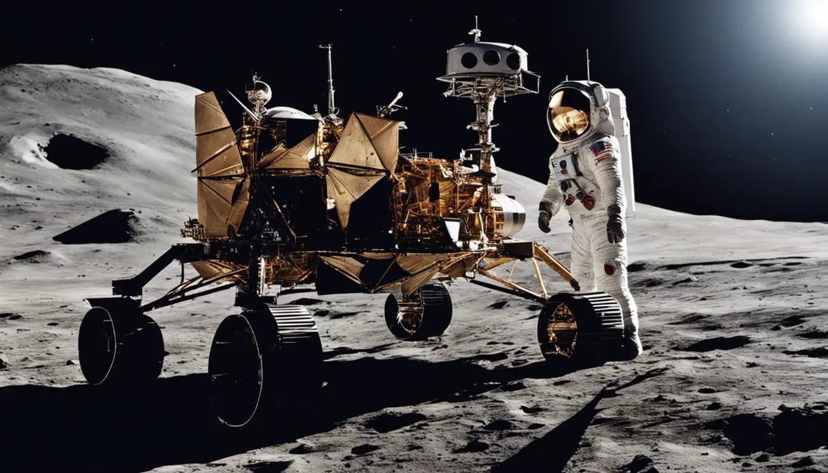 Image depicting the Apollo moon missions, showcasing a lunar module, a spacesuit, and the Saturn V rocket in the background.