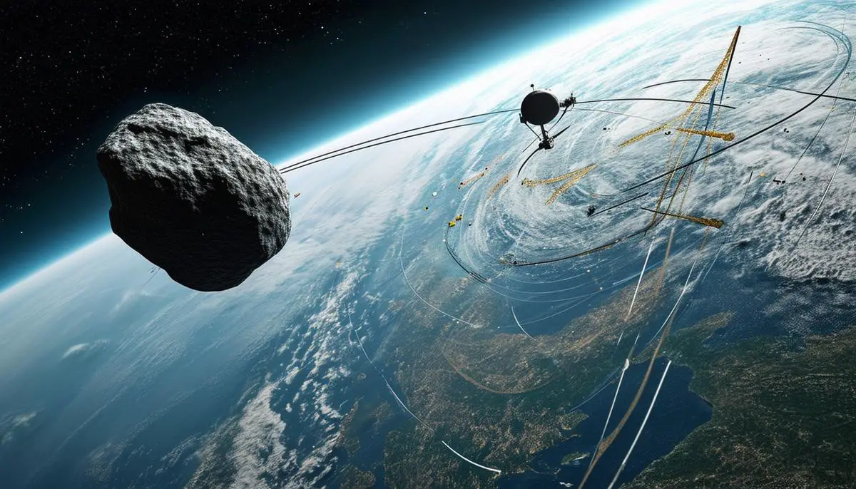 Visualization of Asteroid Apophis' close approach to Earth in 2029, showing its path relative to satellite orbits