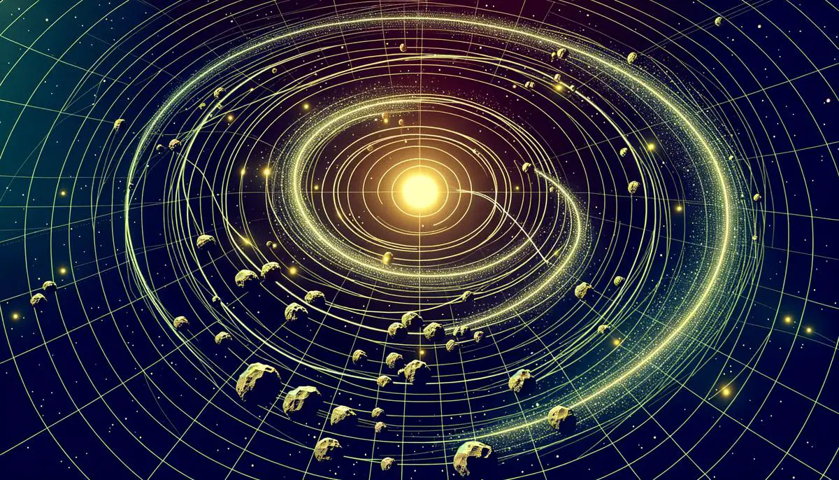 Computer simulation of asteroid trajectories in the solar system, highlighting Apophis and potential close encounters