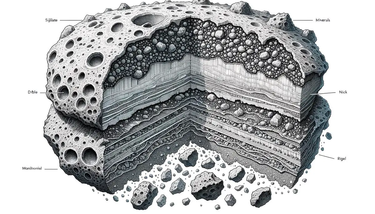 Cross-section illustration of Asteroid Apophis showing its internal structure and surface composition