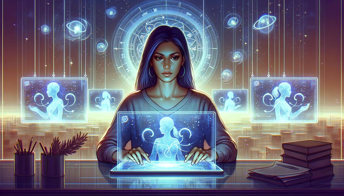 An Aquarius individual analyzing relationship data on futuristic screens