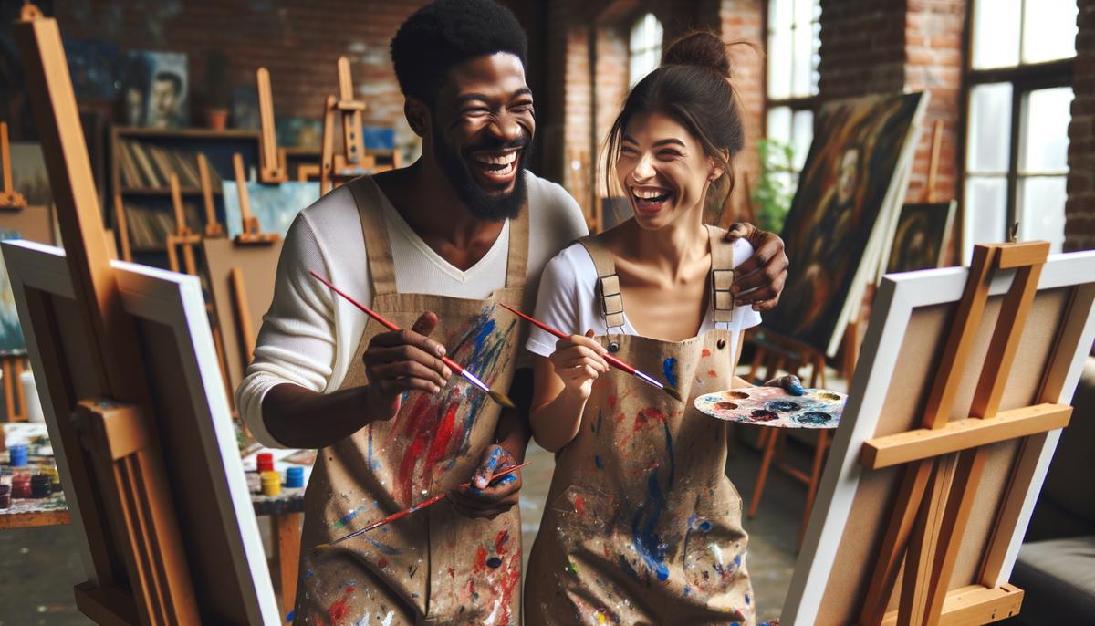 A couple laughing and creating art together in a painting class