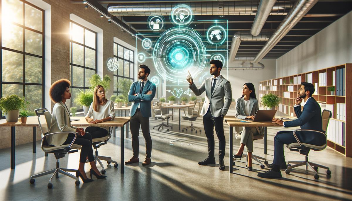 A diverse group collaborating on a futuristic project in a modern office setting