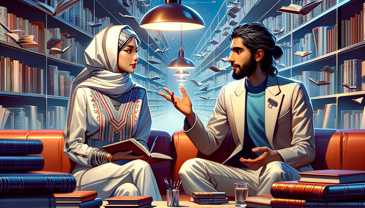 An Aquarius couple engaged in an intellectual discussion surrounded by futuristic elements
