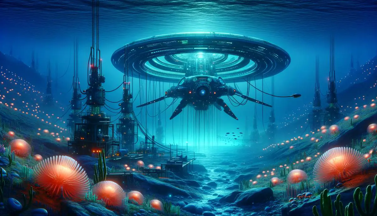 Conceptual image of advanced aquatic alien technology in a deep ocean environment