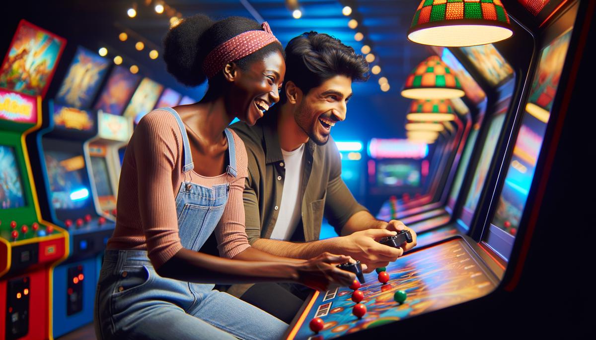 A couple playfully competing at an arcade game
