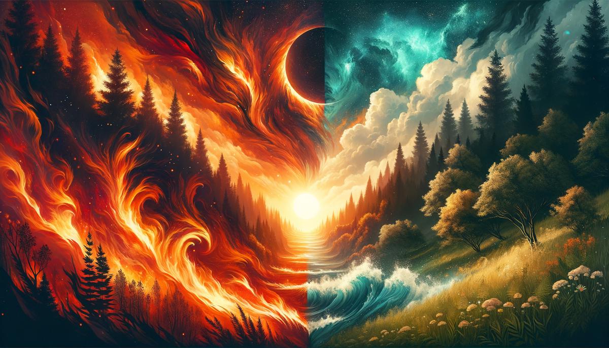 A dynamic split image showing fiery Aries energy and earthy Taurus stability
