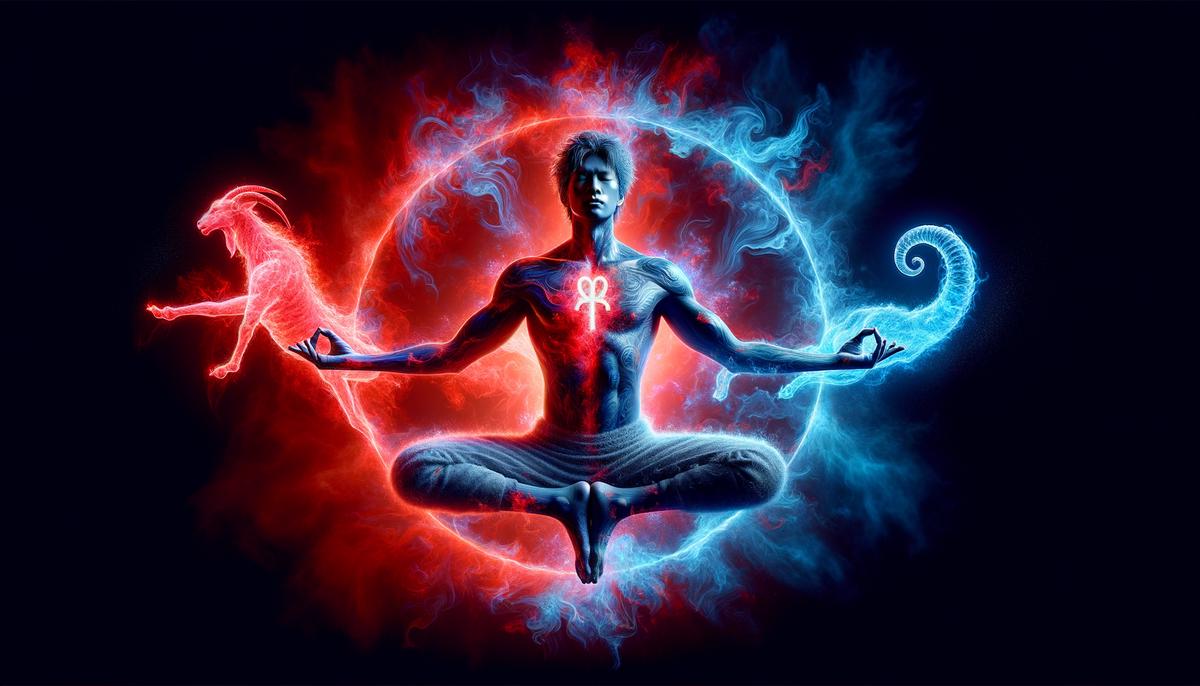 A person practicing yoga with energetic red and calming blue auras