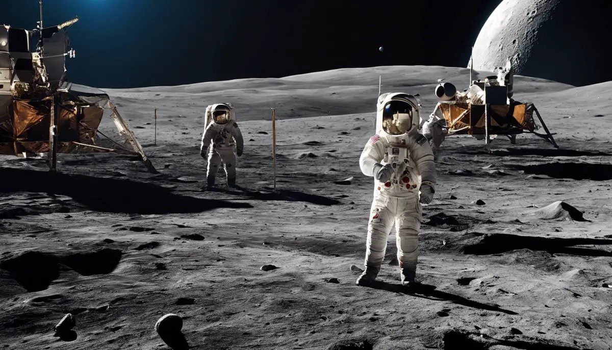 An image showing astronauts on the Moon's surface with a lunar base in the background.