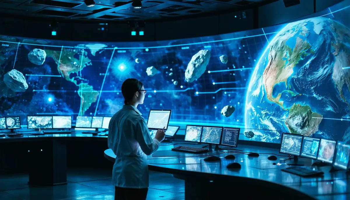 A scientist examining holographic projections of asteroid trajectories and Earth in a high-tech control room