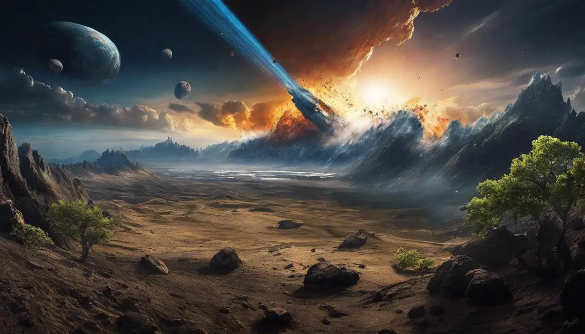 Image depicting asteroid impacts on Earth, showing their destructive power and the resulting changes in the biosphere.