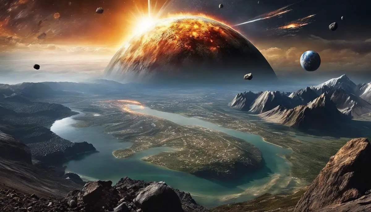 An image depicting the potential global aftermath and implications of large-scale asteroid impacts, highlighting the Earth and an approaching asteroid