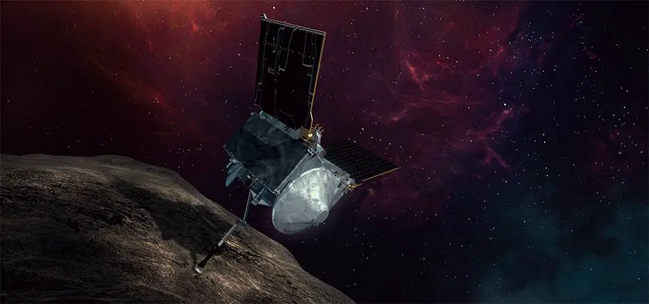 Artistic representation of Hayabusa2 and OSIRIS-REx spacecraft collecting samples from asteroids Ryugu and Bennu