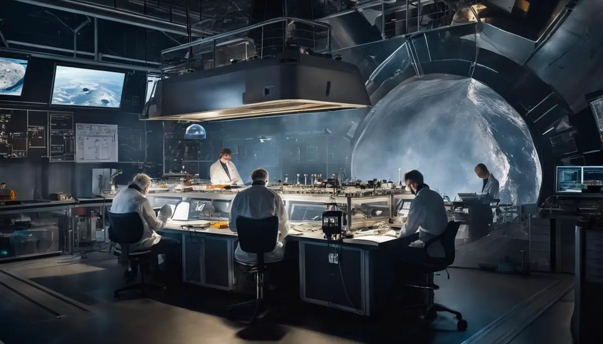 Image of scientists studying an asteroid in a laboratory