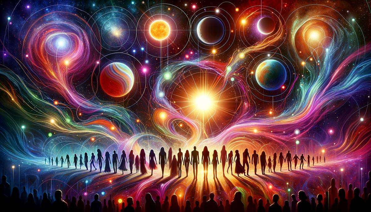 A cosmic scene showing sun, moon, and planets influencing human silhouettes in various relationship poses