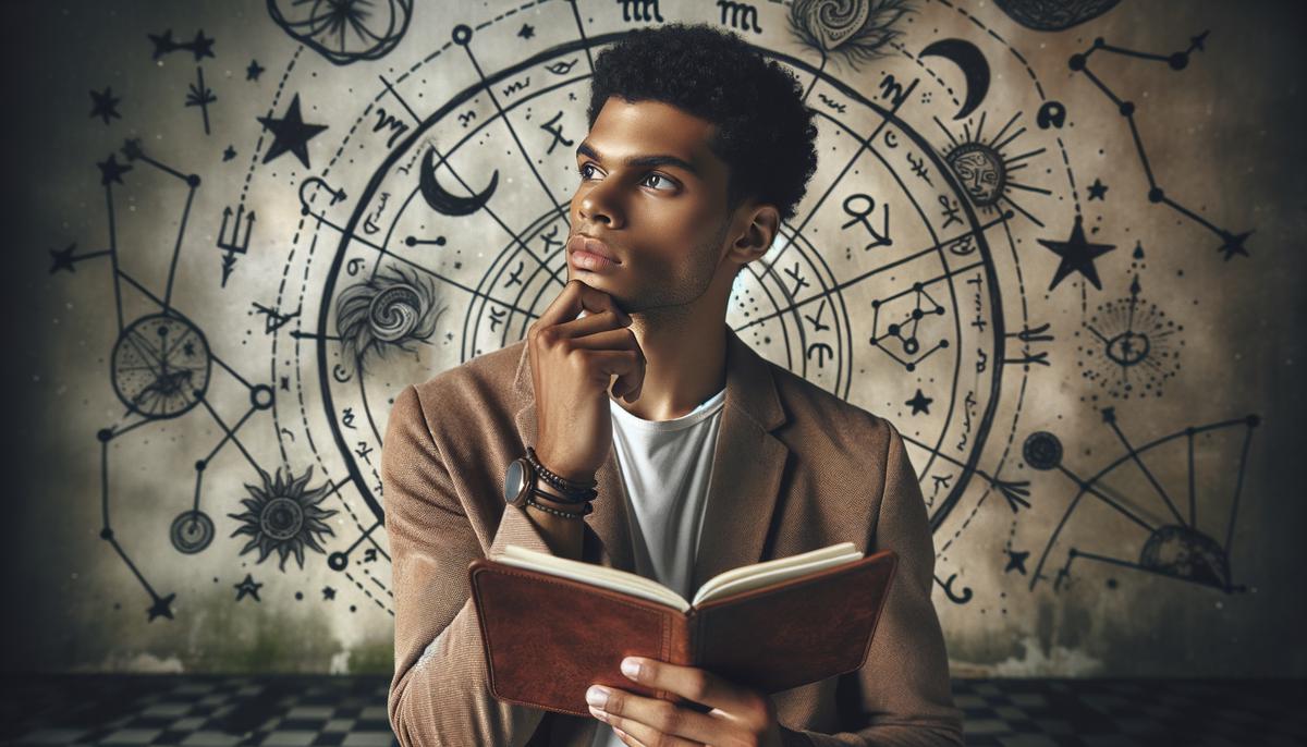Person contemplating life choices with astrological symbols in the background