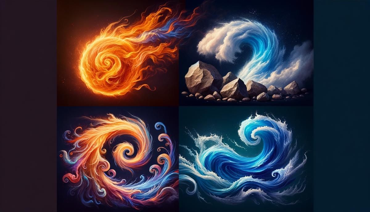 Abstract representation of zodiac elements influencing relationship dynamics