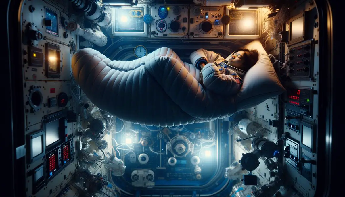 An astronaut strapped into a sleeping bag attached to the wall of a space station