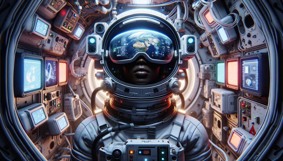 An astronaut wearing a virtual reality headset while floating in a space station module