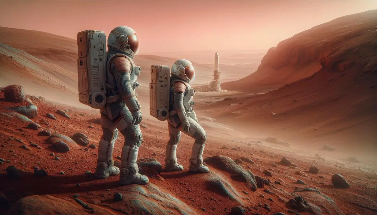 A group of astronauts, clad in advanced spacesuits, explores the rugged, alien landscape of Mars. They move with purpose, their suits' life support systems and scientific instruments visible on their backs. In the background, the Martian horizon stretches out to the distance, the thin atmosphere giving way to the pinkish-red sky. The scene conveys a sense of the challenges and excitement of human exploration on another world, as these intrepid astronauts work to unravel the secrets of the Red Planet and pave the way for future human settlement.