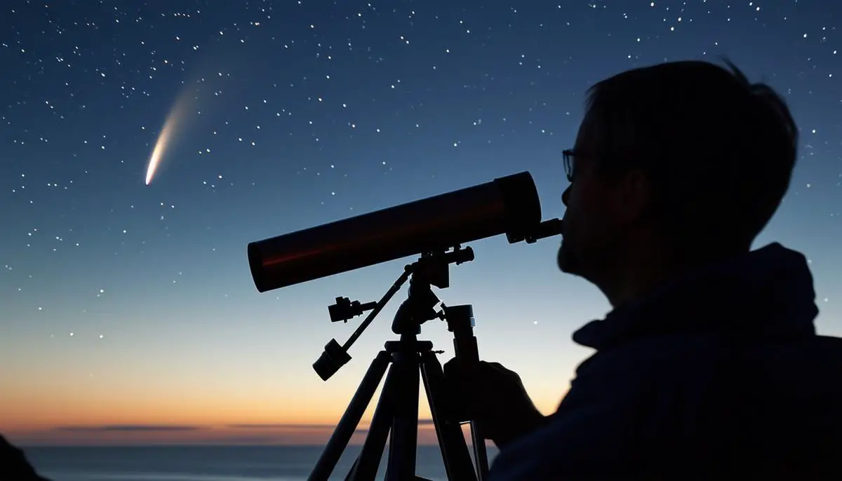 Amateur astronomer using a telescope to observe Comet C/2023 A3 during nautical twilight