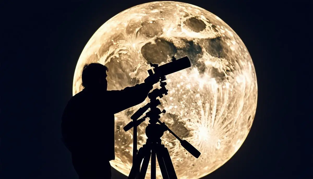 An astronomer observing the waxing moon through a telescope at night.