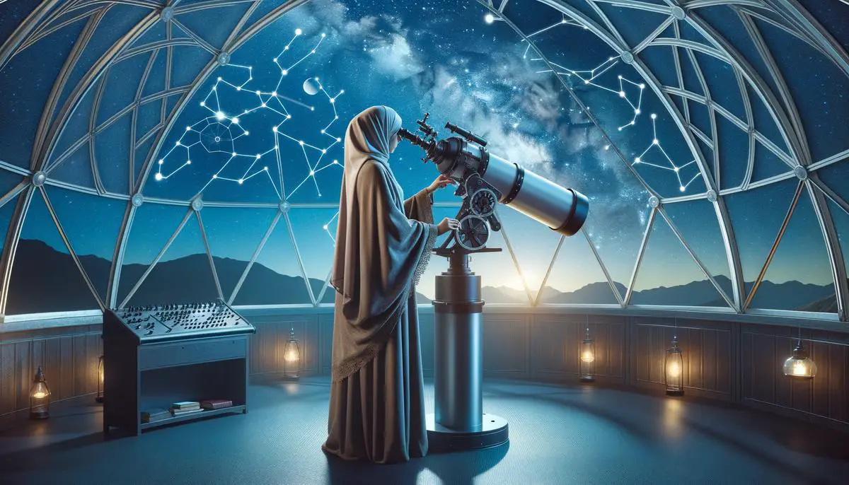 An astronomer using a large telescope to observe constellations in a clear night sky