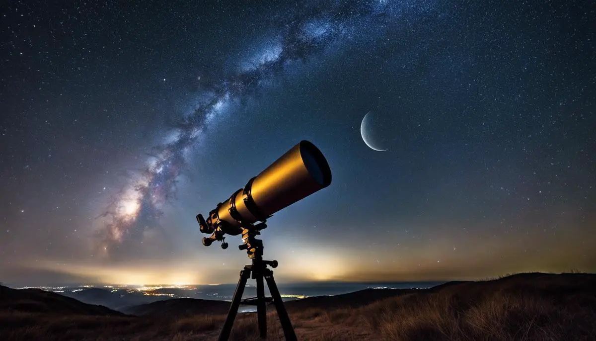 A photograph of a telescope pointed at the night sky with stars visible.