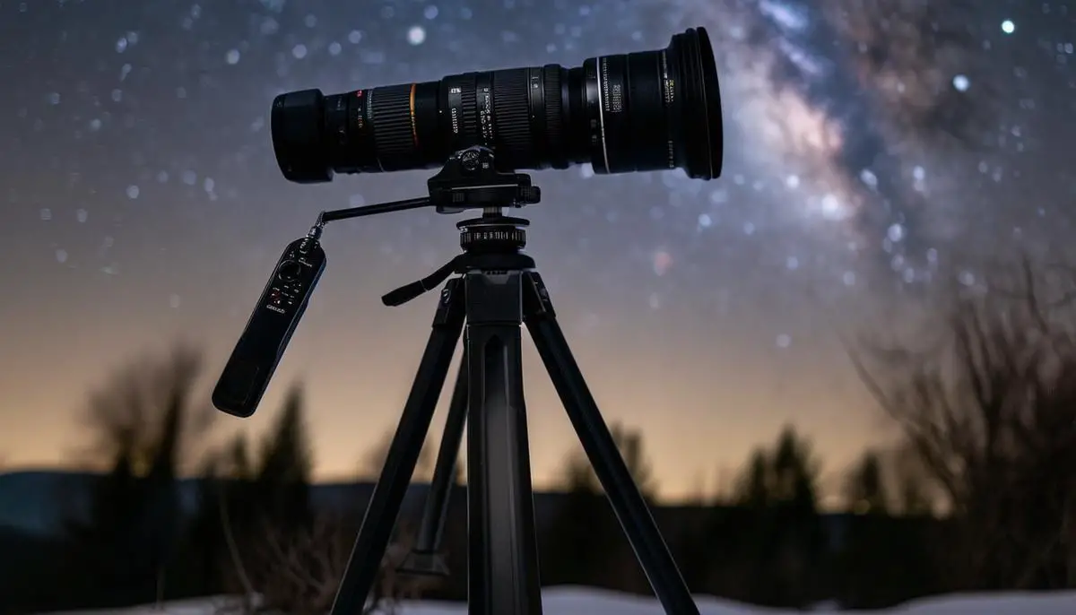 A complete astrophotography setup including a DSLR camera with a telephoto lens mounted on a sturdy tripod, with a remote shutter release and graduated filters nearby