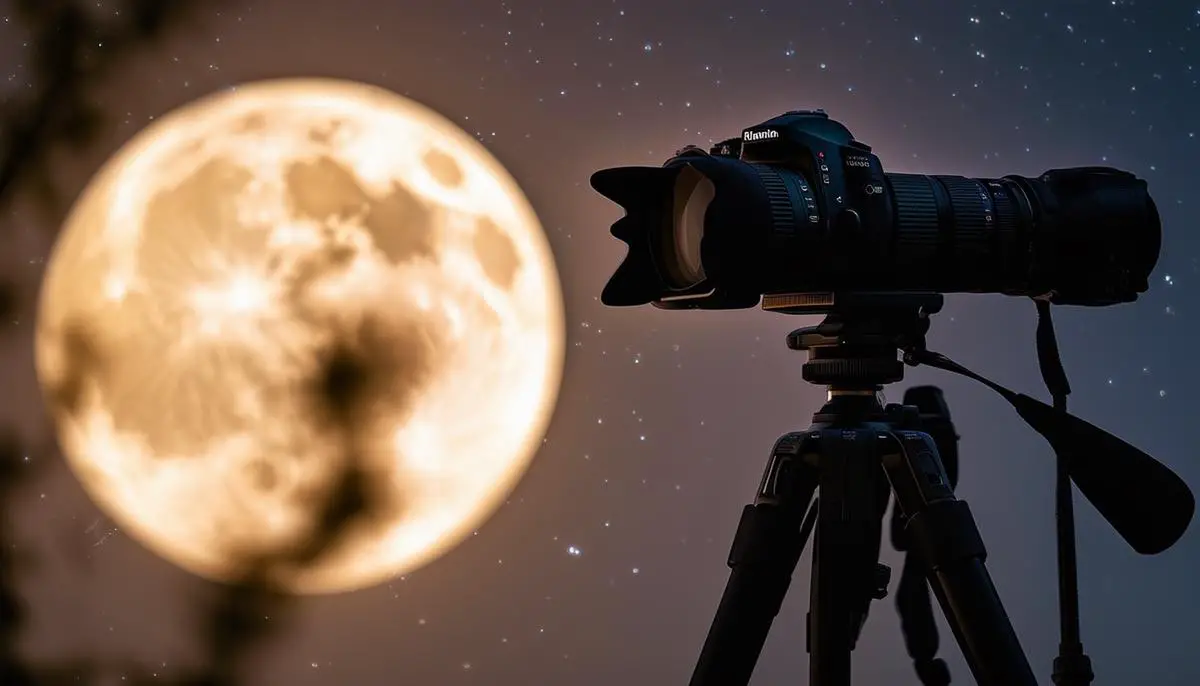 An astrophotography setup aimed at the Strawberry Moon in the night sky. The setup includes a camera mounted on a tripod, with a telephoto lens attached. The camera is focused on the bright, full moon, which appears large in the frame. The surrounding sky is dark, with stars visible.