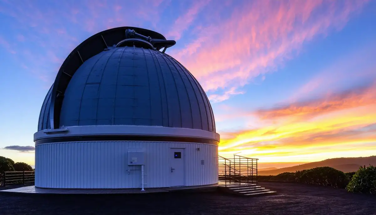 The ATLAS telescope dome on Maui, Hawaii, with a colorful sunset sky in the background