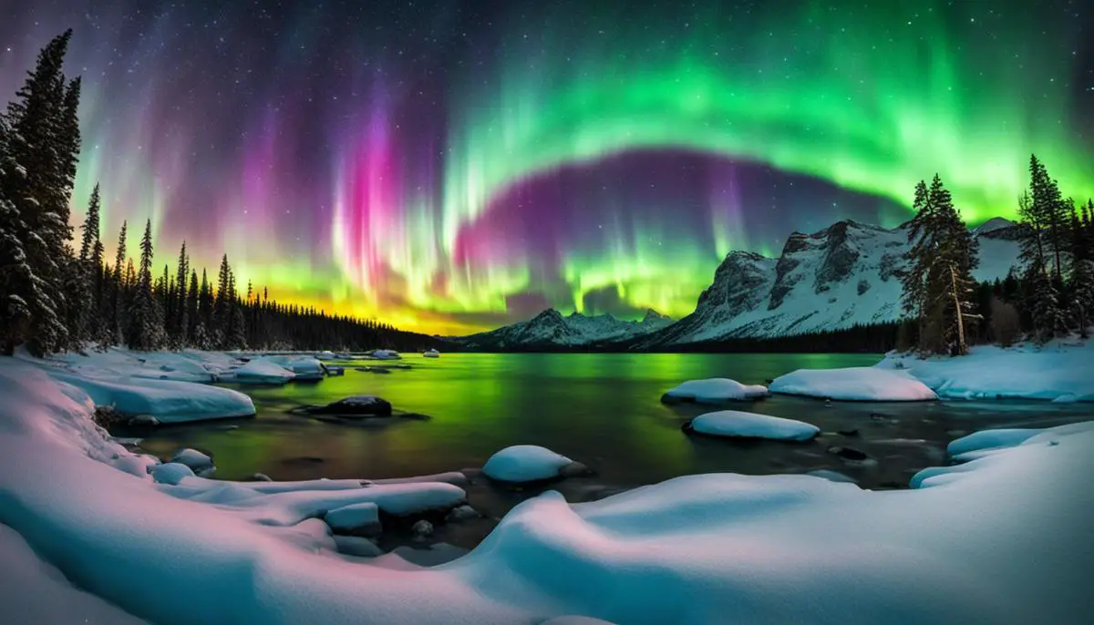 A mesmerizing image of colorful aurora lights dancing in the night sky