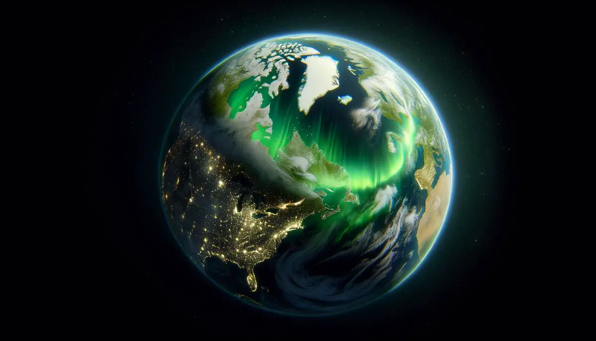 View of Earth from space showing the auroral oval around the northern polar region