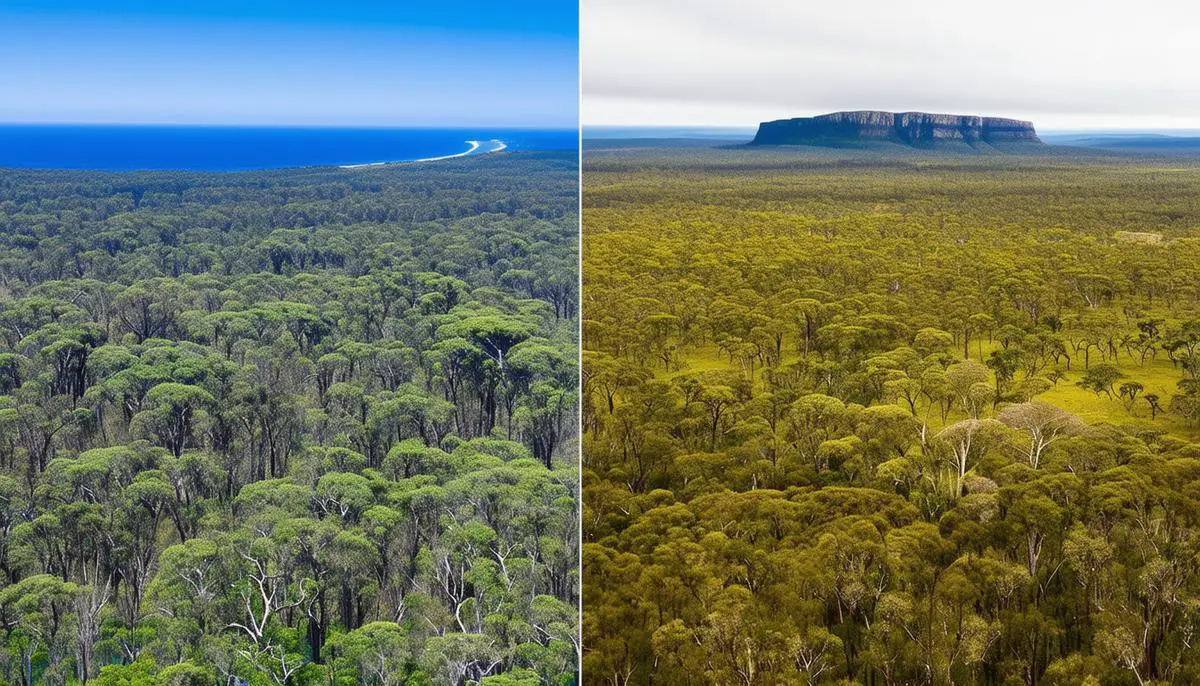 A split image showing healthy Australian ecosystems and the same areas affected by climate change