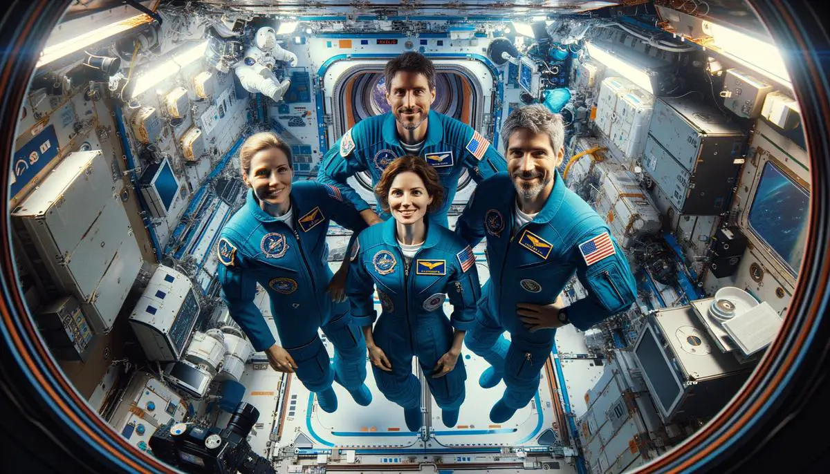 The four Axiom Mission 2 astronauts floating inside the International Space Station, wearing blue flight suits