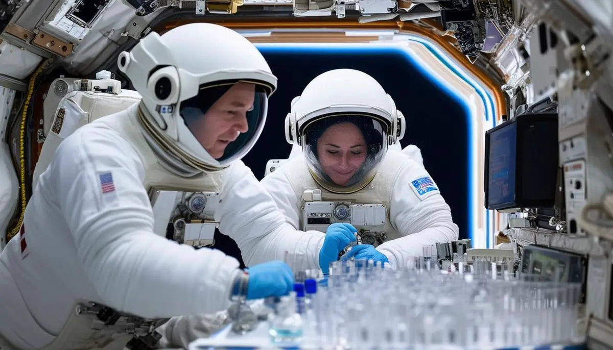 Axiom Mission 2 crew members conducting research experiments inside the International Space Station