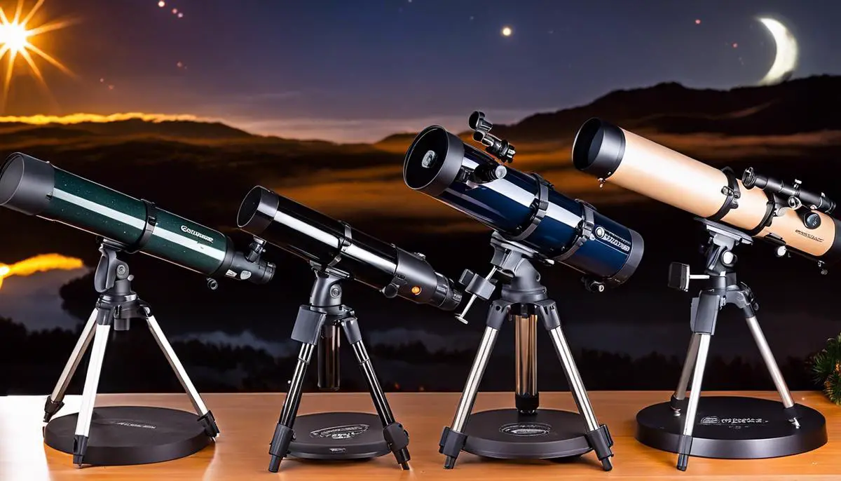 Image showcasing three beginner telescope models - Celestron AstroMaster 70AZ Refractor, Orion SkyQuest XT6 Classic Dobsonian, and Meade StarPro AZ 102mm Refractor.