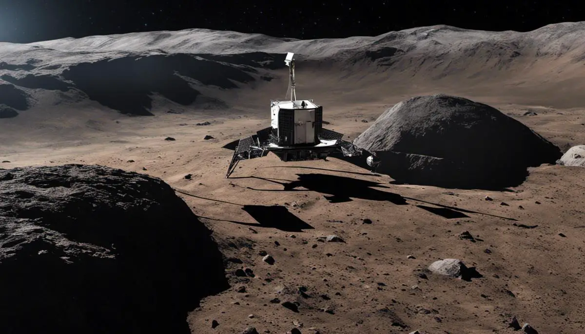 An image showing the spacecraft collecting a sample from Bennu's surface.