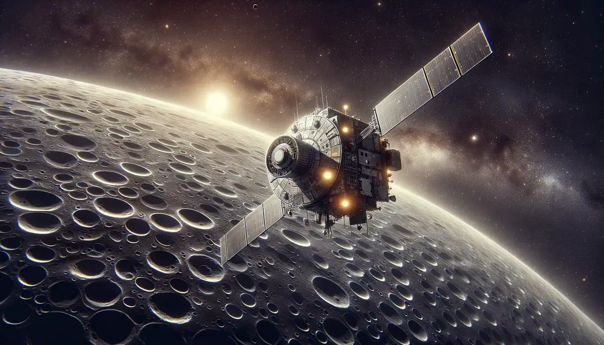 Artistic rendering of the BepiColombo spacecraft approaching Mercury, with the planet's surface and stars visible in the background