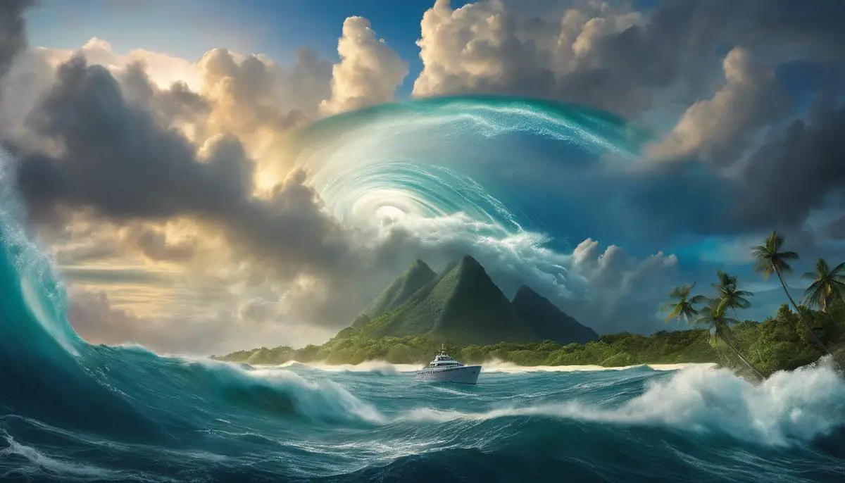 Image depicting the mysterious Bermuda Triangle, surrounded by waves and swirling clouds.